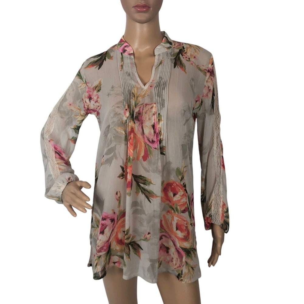 Susan Graver Tunic‎ Top Sheer Floral Print Lace Trim Cream Blouse Office Boho S